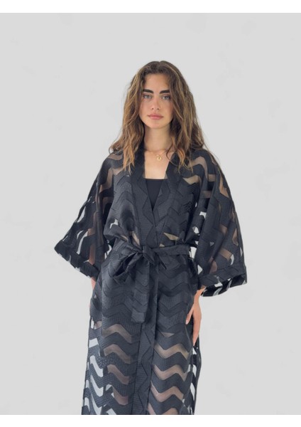 Tasarım Şeritli Uzun Kimono Kadın Siyah Şeffaf