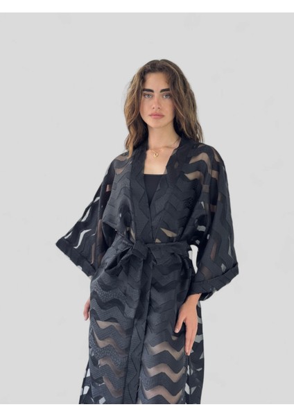 Tasarım Şeritli Uzun Kimono Kadın Siyah Şeffaf