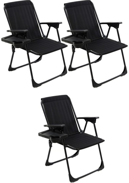 Natura 3 Adet Kamp Sandalyesi Katlanır Piknik Sandalye Dikdörtgen Bardaklıklı Siyah