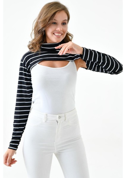 Dik Yaka Boyunluklu Kolluk - Pamuk Bolero Crop, Uzun Kollu Balıkçı Yaka, Rahat ve Şık Tasarım