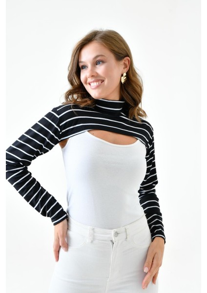 Dik Yaka Boyunluklu Kolluk - Pamuk Bolero Crop, Uzun Kollu Balıkçı Yaka, Rahat ve Şık Tasarım