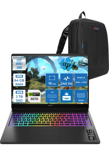 Omen Max 16-AH0021NT Intel Core Ultra 7 255HX 64GB Ddr5 1tb SSD + 2 Tb SSD 8gb Nvıdıa RTX5070 16 Inç 500NITS 2k Wqxga 240Hz 3ms IPS Freedos Siyah OB92QXEAF15 + Zetta Çanta