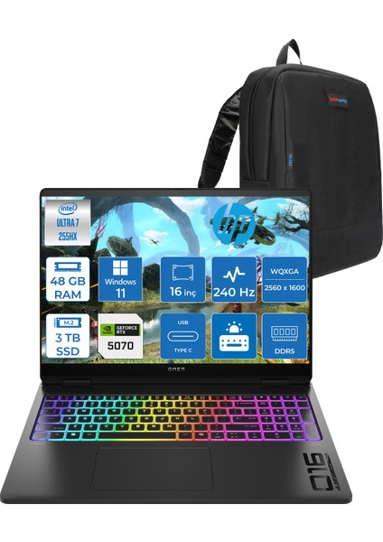 Omen Max 16-AH0021NT Intel Core Ultra 7 255HX 48GB Ddr5 1tb SSD + 2 Tb SSD 8gb Nvıdıa RTX5070 16 Inç 500NITS 2k Wqxga 240Hz 3ms IPS Windows 11 Home Siyah OB92QXEAH11 + Zetta Çanta