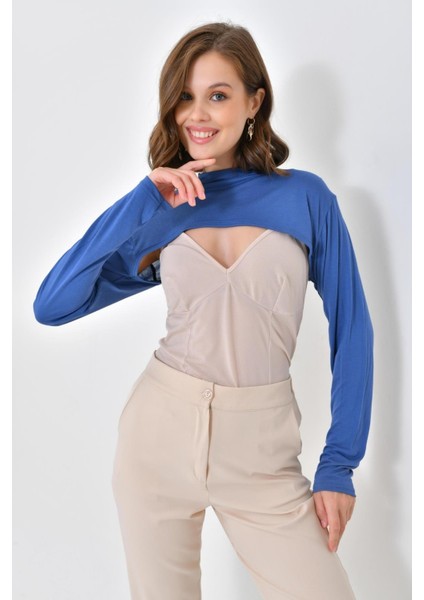 Dik Yaka Boyunluklu Kolluk - Pamuk Bolero Crop, Uzun Kollu Balıkçı Yaka, Rahat ve Şık Tasarım