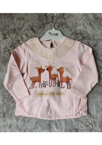 6-24 Ay Fisto Yakalı Geyik Desenli Kız Bebek/çocuk Alt Üst 2'li Takım