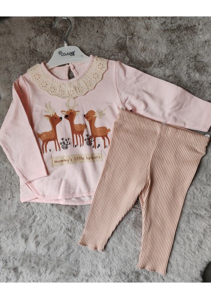 6-24 Ay Fisto Yakalı Geyik Desenli Kız Bebek/çocuk Alt Üst 2'li Takım modelleri