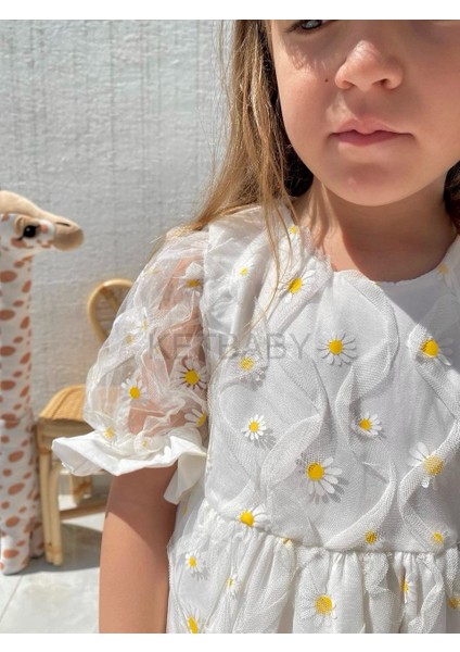 Kız Çocuk Papatya Desenli Kısa Kol Laseli Elbise Ketbaby HPN005