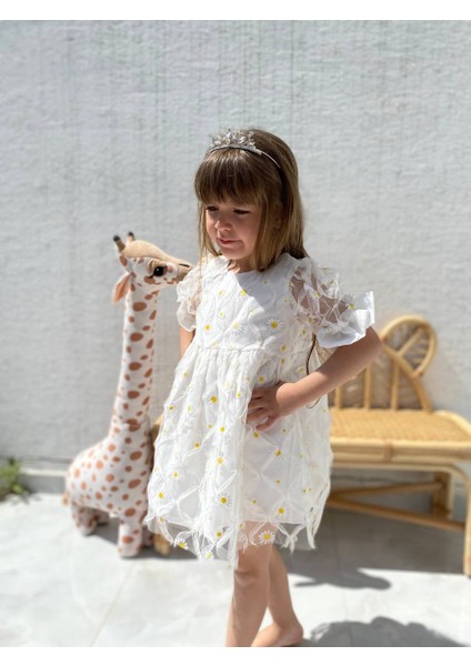 Kız Çocuk Papatya Desenli Kısa Kol Laseli Elbise Ketbaby HPN005