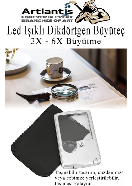 LED Işıklı Kart Tipi Büyüteç 1 Adet 3x 6x Büyütme Lens El Tipi Mercek Cep Büyüteç Kılıflı Okul Büro Ofis