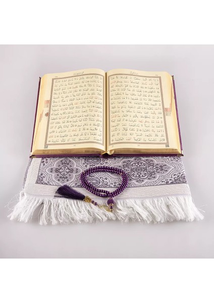 Seccade + Tesbih + Kuran Hediye Seti (Hafız Boy, Kadife, Mor, Lafzatullah)