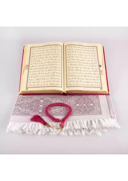Seccade + Tesbih + Kuran Hediye Seti (Orta Boy, Kadife, Fuşya Pembe, Lafzatullah) modelleri