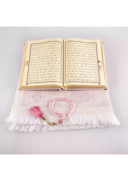 Seccade + Tesbih + Kuran Hediye Seti (Orta Boy, Kadife, Pudra Pembe, Lafzatullah)