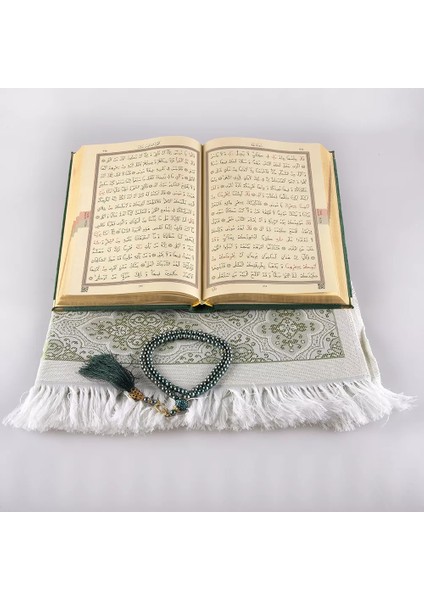 Seccade + Tesbih + Kuran Hediye Seti (Hafız Boy, Kadife, Zeytin Yeşili, Lafzatullah)