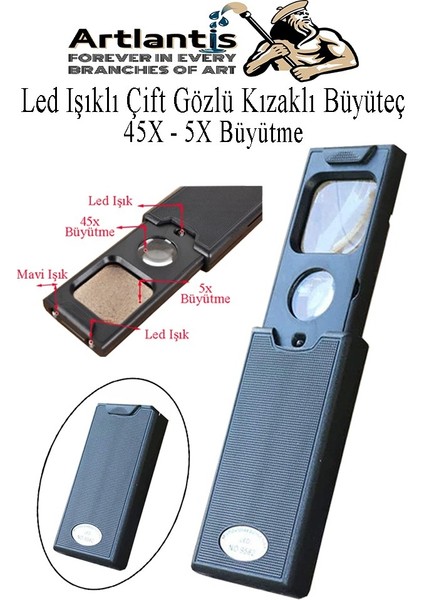 LED Işıklı Çift Gözlü Kızaklı Büyüteç 1 Adet Mor Işıklı 45X 5x Büyütme Lens El Tipi Lup Mercek Büyüteç Okul Büro Ofis