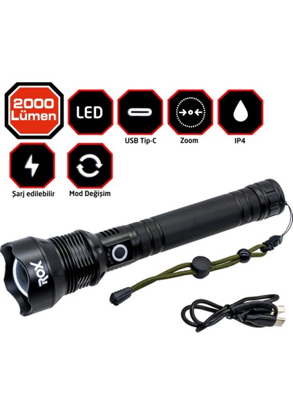 0212 Şarjlı LED El Feneri 2000 Lümen