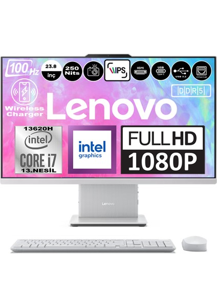 Ideacentre Aıo 24IRH9 Intel Core I7-13620H Ddr5 96GB 4tb SSD Intel UHD Graphics 23.8 Fhd IPS Windows 11 Home Beyaz All In One Bilgisayar F0HN0056TRF21 + Zetta Flash Bellek