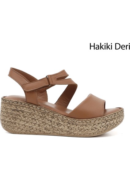 Kadın Taba Antik Cırt Bantlı Dolgu Tabanlı Hakiki Deri Sandalet