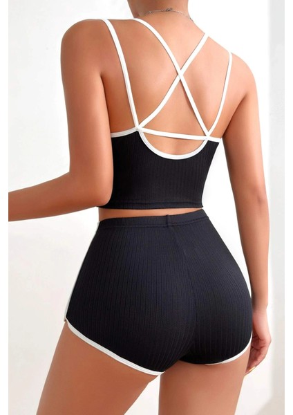Kadın Siyah Beyaz Çapraz Lastik Detaylı Kaşkorse Şortlu Gecelik Takımı fiyatları