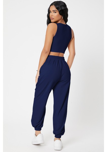 Kadın Lacivert Kaşkorse Cepli Jogger Eşofman Altı ve Crop Top Bluz