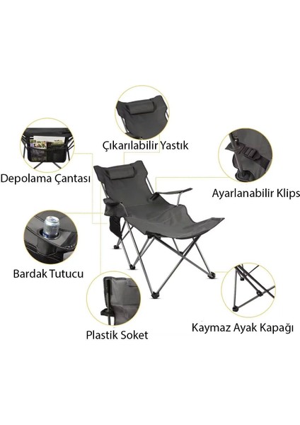 Katlanabilir Ayak Uzatmalı Sırt Yatmalı Kamp Sandalyesi Taşıma Çantalı
