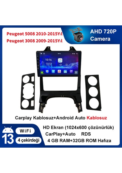 Peugeot 5008 2010-2015 Yıl ve Peugeot 3008 2009-2015 Yıl Uyumlu 10,2 Inç 4 GB Ram 32 GB Hafıza Multimedya Carplay Navigasyon