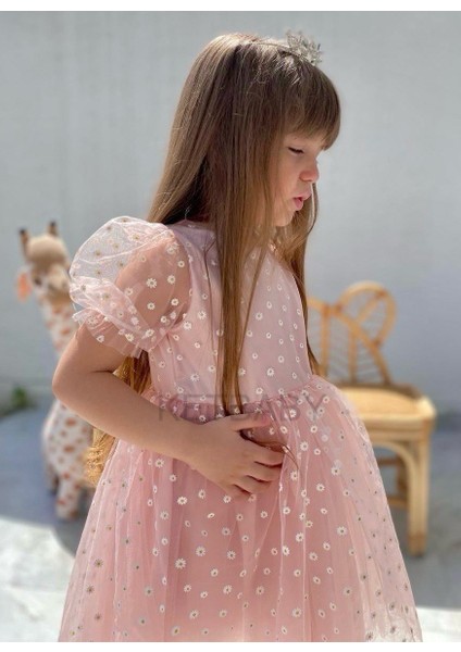 Kız Çocuk Minik Papatya Desenli Kısa Kol Elbise Ketbaby HPN007