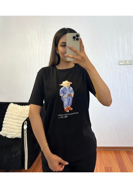 Marka Muadil Teddy Baskı Siyah Tişört