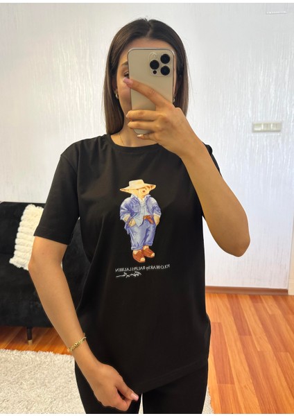 Marka Muadil Teddy Baskı Siyah Tişört
