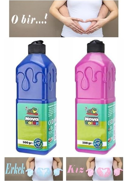 Mavi Pembe Cinsiyet Belirleme Parmak Boyası 1 Adet 500 ml Kız Cinsiyet Açıklama Boyası Yıkanabilir Nova Color Zararsız