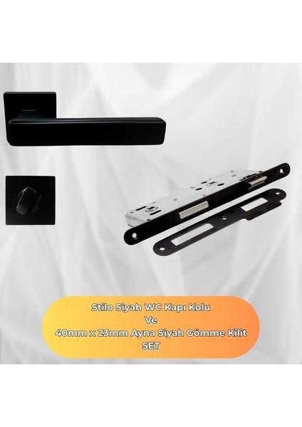 Lusso Siyah Kare Rozetli Wc Kapı Kolu ve 40X23MM Siyah Wc Gömme Kilit Set