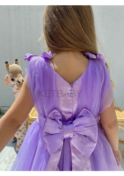 Kız Çocuk Askılı Fiyon Detaylı Kuşaklı Kısa Kol Elbise Ketbaby HPN008
