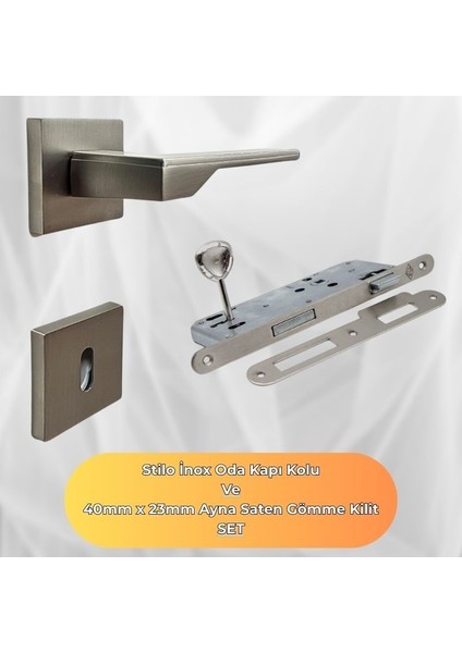 Stilo Inox Kare Rozetli Oda Kapı Kolu ve 40X23MM Saten Oda Gömme Kilit Set