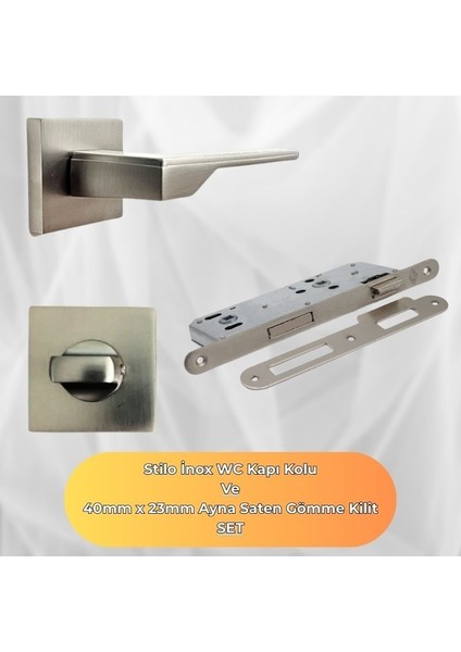 Stılo Inox Kare Rozetli Wc Kapı Kolu ve 40X23MM Saten Wc Gömme Kilit Set