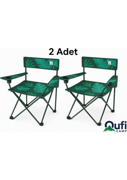 2 Adet Qufi Desenli Katlanır Kamp Piknik Sandalyesi Rejisör Koltuğu Yeşil