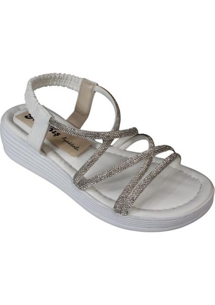 Yazkış Kadın Siyah Beyaz Cilt Çift Bantlı Üzeri Çapraz Taşlı 4cm Arkası Lastikli Kalın Taban Sandal