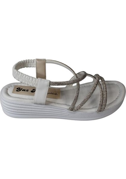 Yazkış Kadın Siyah Beyaz Cilt Çift Bantlı Üzeri Çapraz Taşlı 4cm Arkası Lastikli Kalın Taban Sandal fiyatları