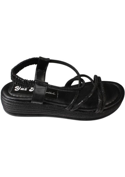 Yazkış Kadın Siyah Beyaz Cilt Çift Bantlı Üzeri Çapraz Taşlı 4cm Arkası Lastikli Kalın Taban Sandal