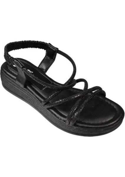 Yazkış Kadın Siyah Beyaz Cilt Çift Bantlı Üzeri Çapraz Taşlı 4cm Arkası Lastikli Kalın Taban Sandal