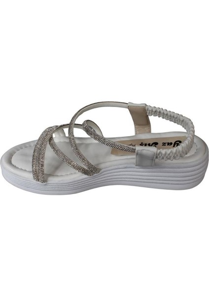 Yazkış Kadın Siyah Beyaz Cilt Çift Bantlı Üzeri Çapraz Taşlı 4cm Arkası Lastikli Kalın Taban Sandal fırsatları