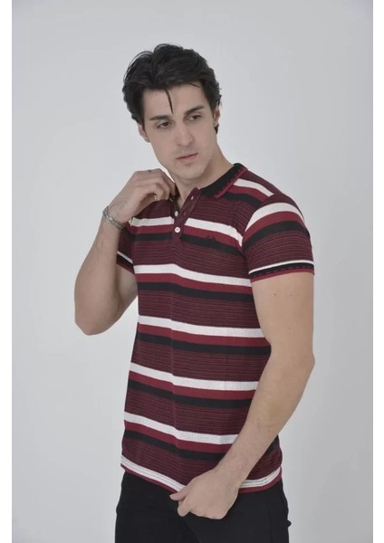 Erkek Yakalı Slim Fit Dokuma Çizgili T-Shirt - Bordo