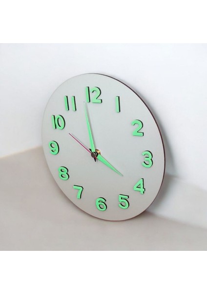 Fosforlu 3D Kabartma Rakam Ahşap Mini Küçük Camsız Beyaz Duvar Saati Çap 22 cm Kek Kalıbı Hediyeli