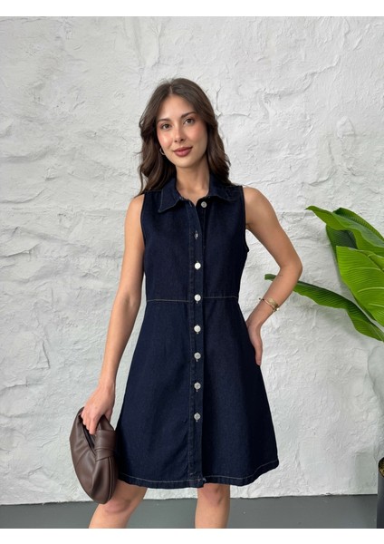 Lacivert Sıfır Kol Düğmeli Denim Elbise