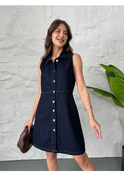 Lacivert Sıfır Kol Düğmeli Denim Elbise