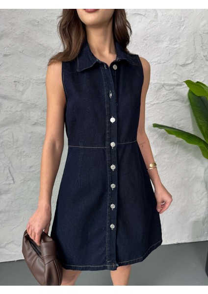 Lacivert Sıfır Kol Düğmeli Denim Elbise