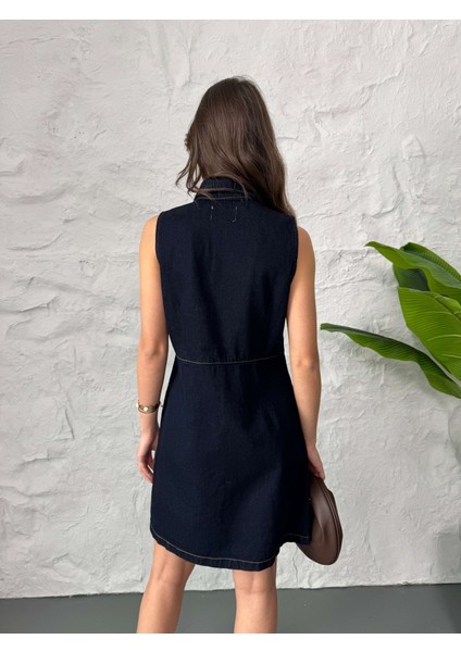 Lacivert Sıfır Kol Düğmeli Denim Elbise