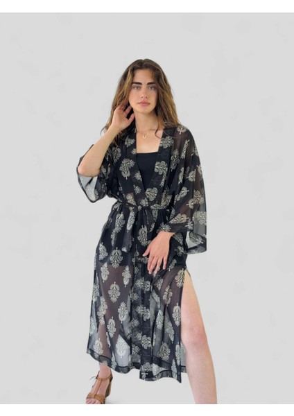 Tasarım Çiçek Desenli Uzun Kimono Kadın Siyah