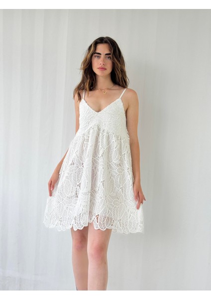 Tasarım June Dantel Askılı Mini Elbise Kadın Beyaz