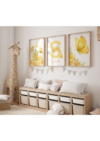 Çerçevesiz Isme Özel Düzenlenebilir Sarı Kelebek ve Çiçek Temalı Kişiye Özel Poster Seti