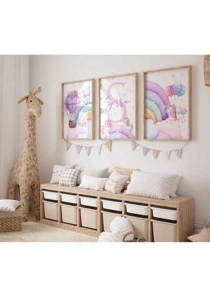 Çerçevesiz Gökkuşağı ve Unicorn Temalı I Isme Özel Düzenlenebilir Poster Seti Çocuk Odası
