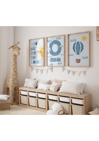 Çerçeveli Mavi Uçan Balon Temalı Erkek Çocuk Odası 3lü Ahşap Tablo Set Baby Shower